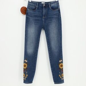 Driftwood Jackie High Rise Skinny Jeans Sunflower Floral Embroidered Size 27